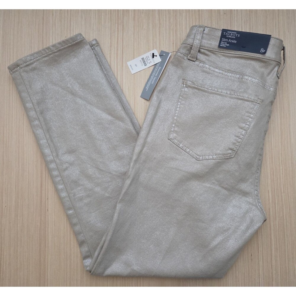 Talbots Women's 8P Shimmer Denim Ankle Jeans Gold Tan Stretch Slim Leg Mid Rise
